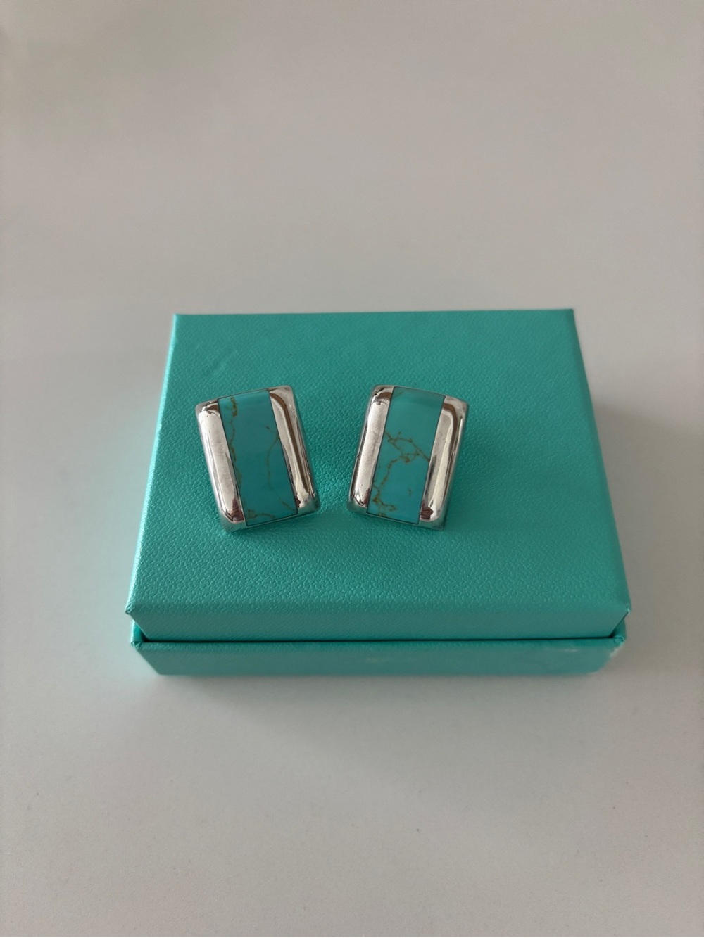 Turquoise Rectangle Silver-Trim Post Earrings - Unbranded